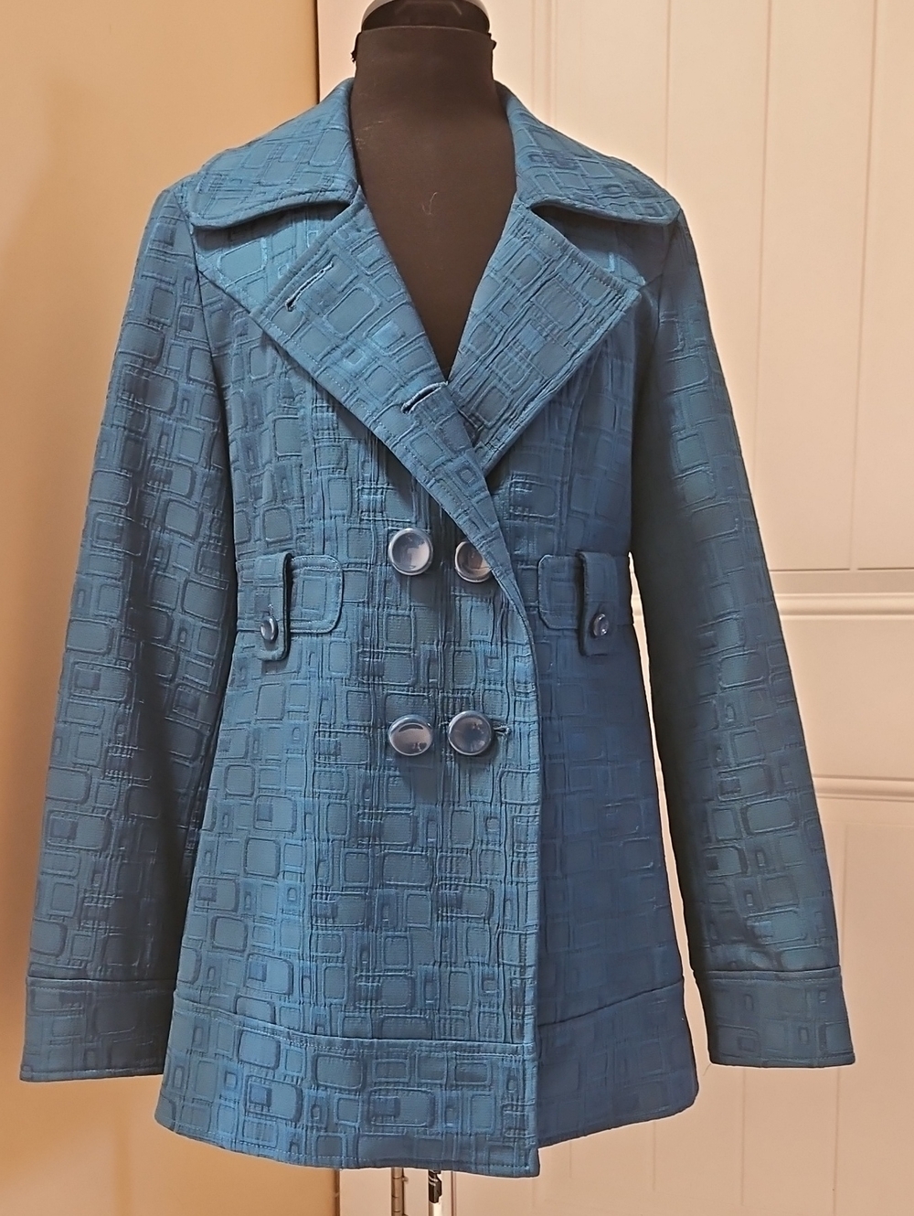 Mac & Jac Quilted Double Breasted Coat Medium In Teal Blue